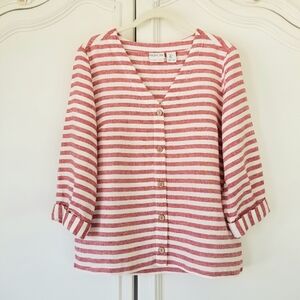 Rachel Zoe Maroon Stripe Linen 3/4 Sleeve Button Front Top Small